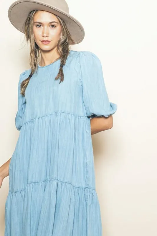 Light Denim High Low Midi Dress