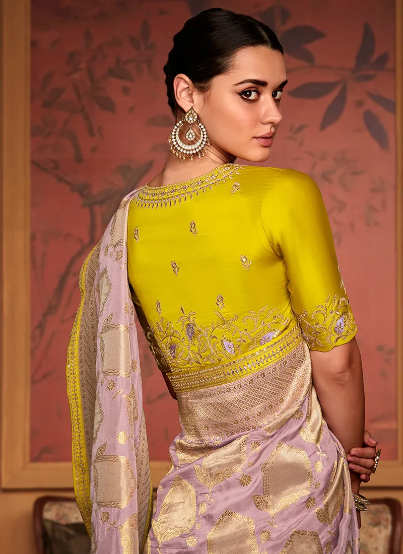 Lilac And Yellow Weaved Pure Dola Silk Saree