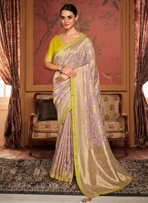 Lilac And Yellow Weaved Pure Dola Silk Saree
