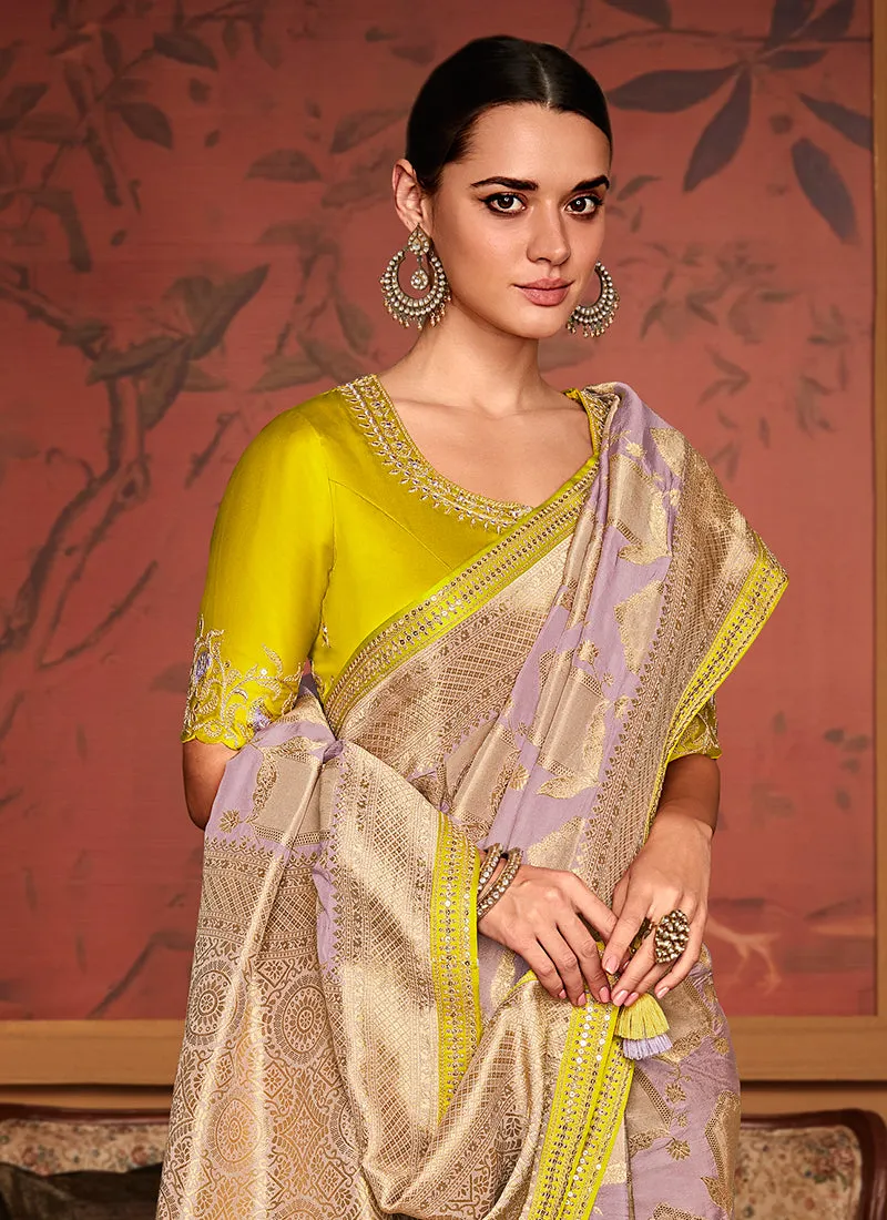 Lilac And Yellow Weaved Pure Dola Silk Saree