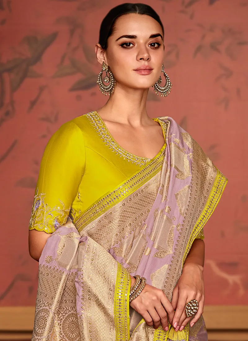 Lilac And Yellow Weaved Pure Dola Silk Saree