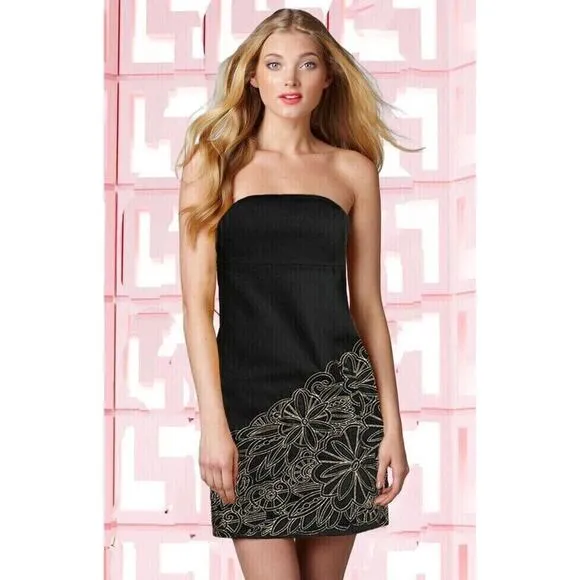 Lilly Pulitzer Bowen Black After Party Gold Embroidery Strapless Dress Size 6
