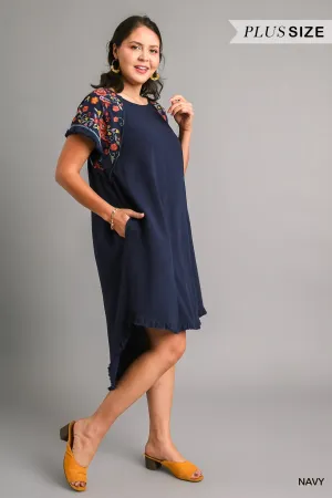 Linen Short Sleeve Embroidery Dress