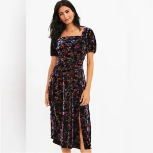 LOFT Floral Velvet Square Neck Midi Dress NWT