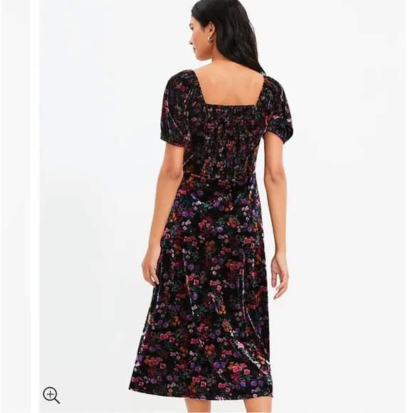 LOFT Floral Velvet Square Neck Midi Dress NWT
