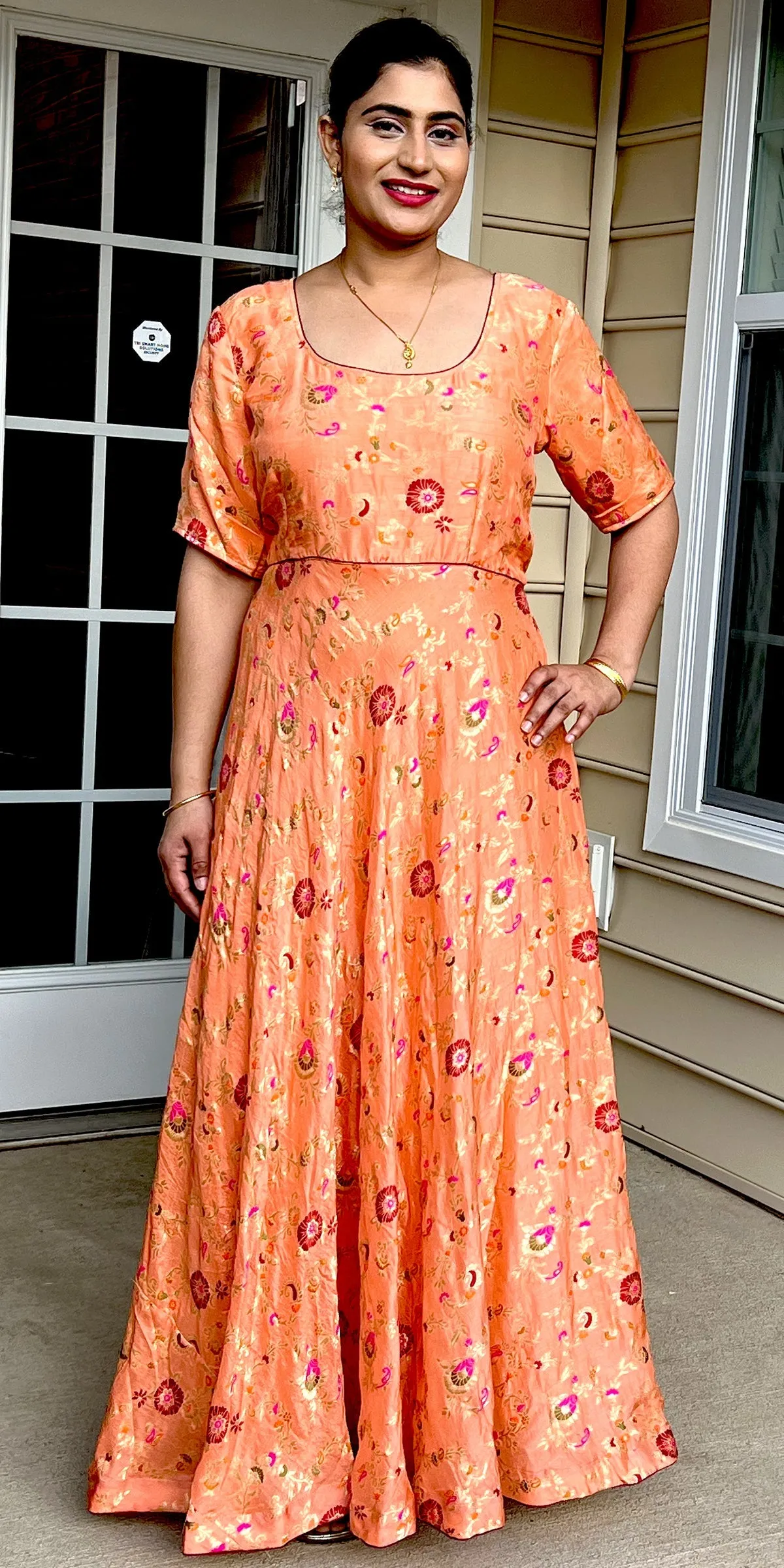 Long Peach Dress Silk Dress, Partywear Floor Length Dress with red floral design