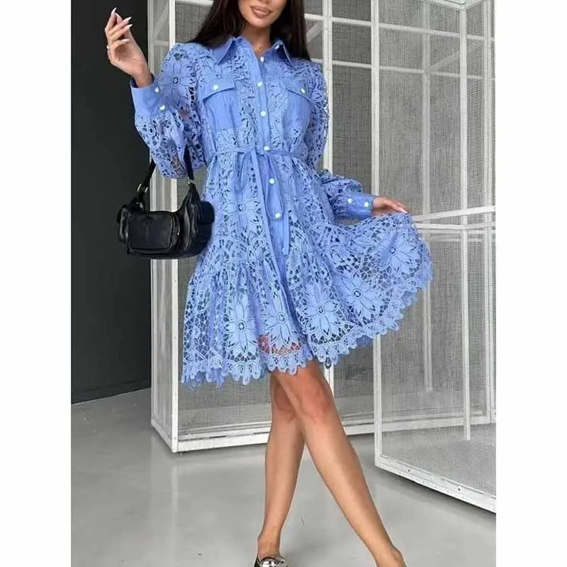 Long Sleeve Hollow Out Lace Knee Length Dress Lace Up Collared Dress