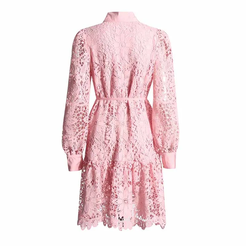 Long Sleeve Hollow Out Lace Knee Length Dress Lace Up Collared Dress