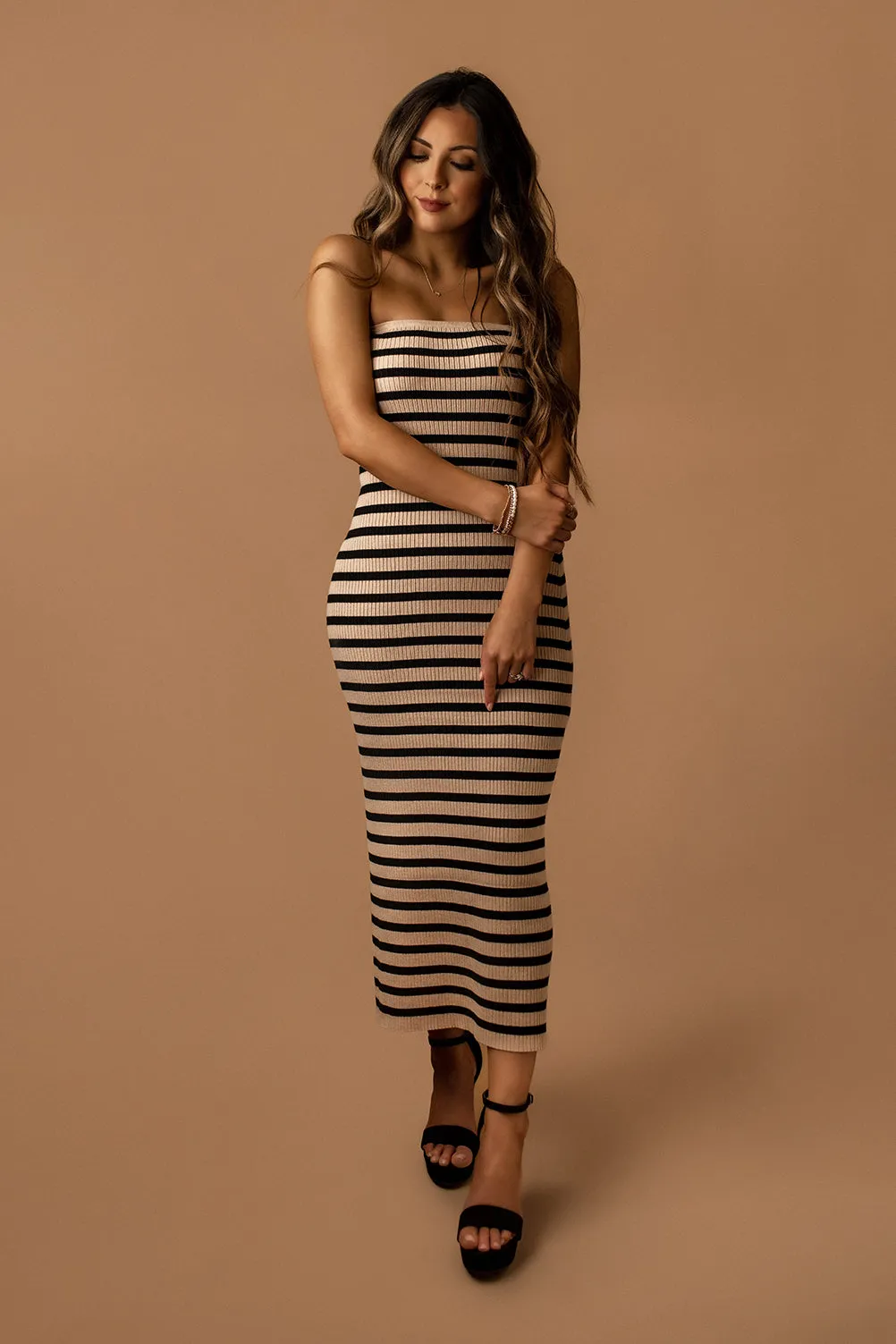 Love On The Line Striped Sweater Dress (Tan   Black) | FINAL SALE