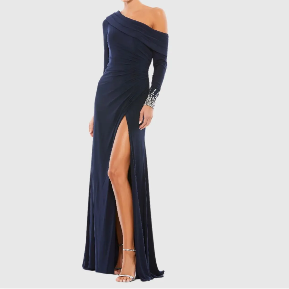 MAC DUGGAL Navy Beaded Cuff Drop Shoulder Faux Wrap Long Gown  Size 12 NWT