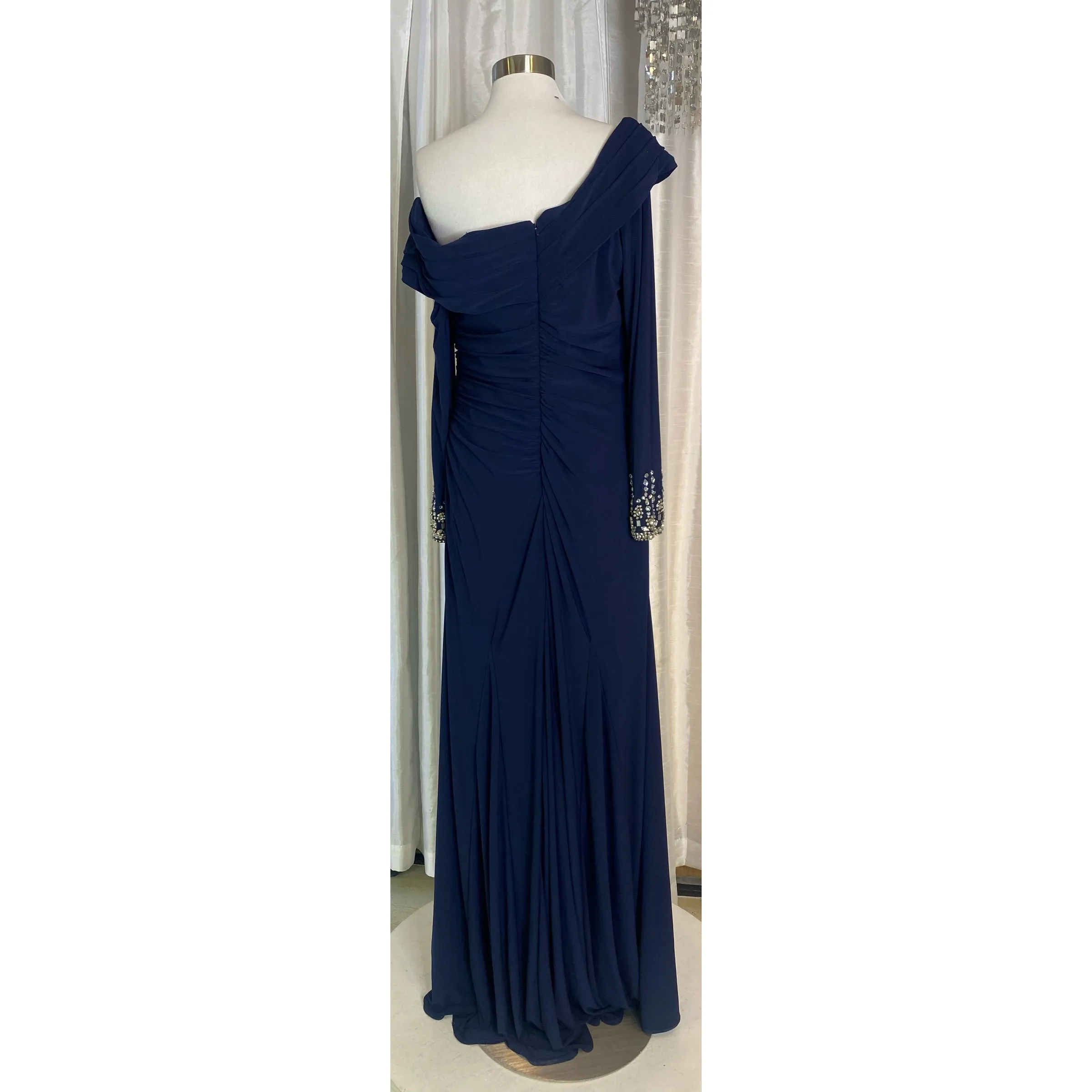 MAC DUGGAL Navy Beaded Cuff Drop Shoulder Faux Wrap Long Gown  Size 12 NWT