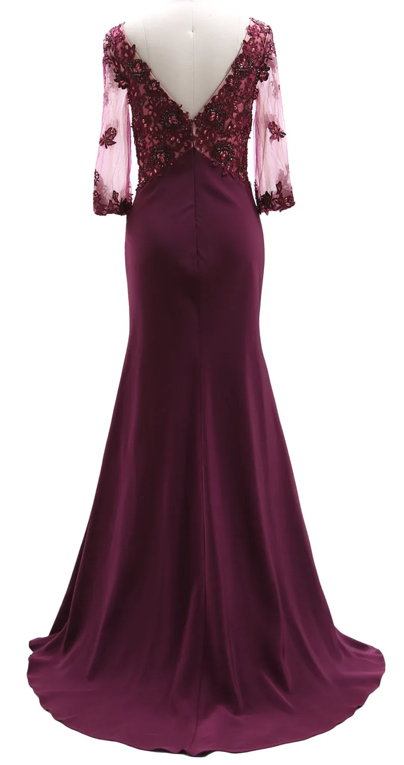 MACloth 3/4 Sleeves Illusion Lace Evening Gown V Neck Mother of the Bride Dress