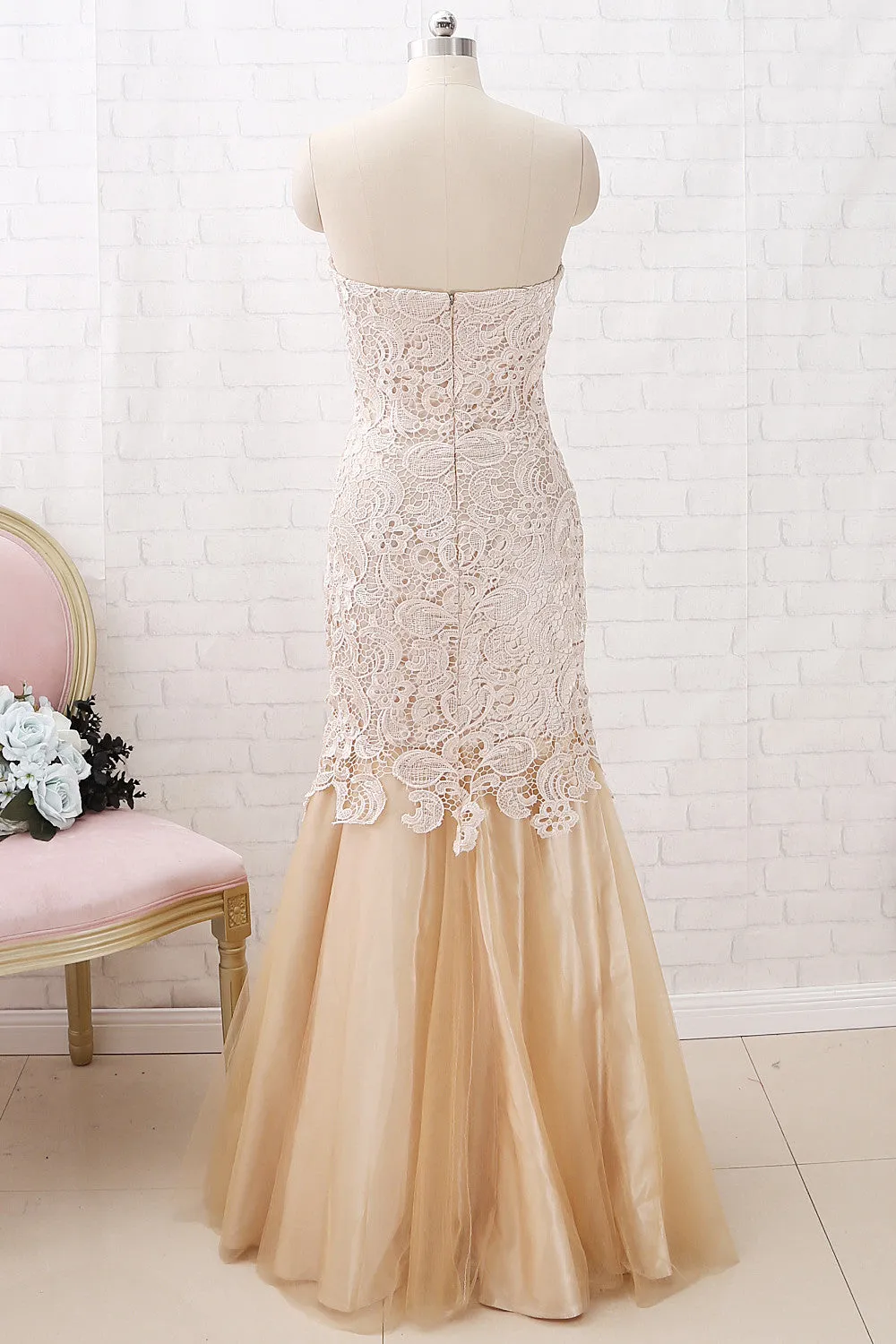 MACloth Mermaid Strapless Sweetheart Long Lace Prom Dress Champagne Formal Evening Gown