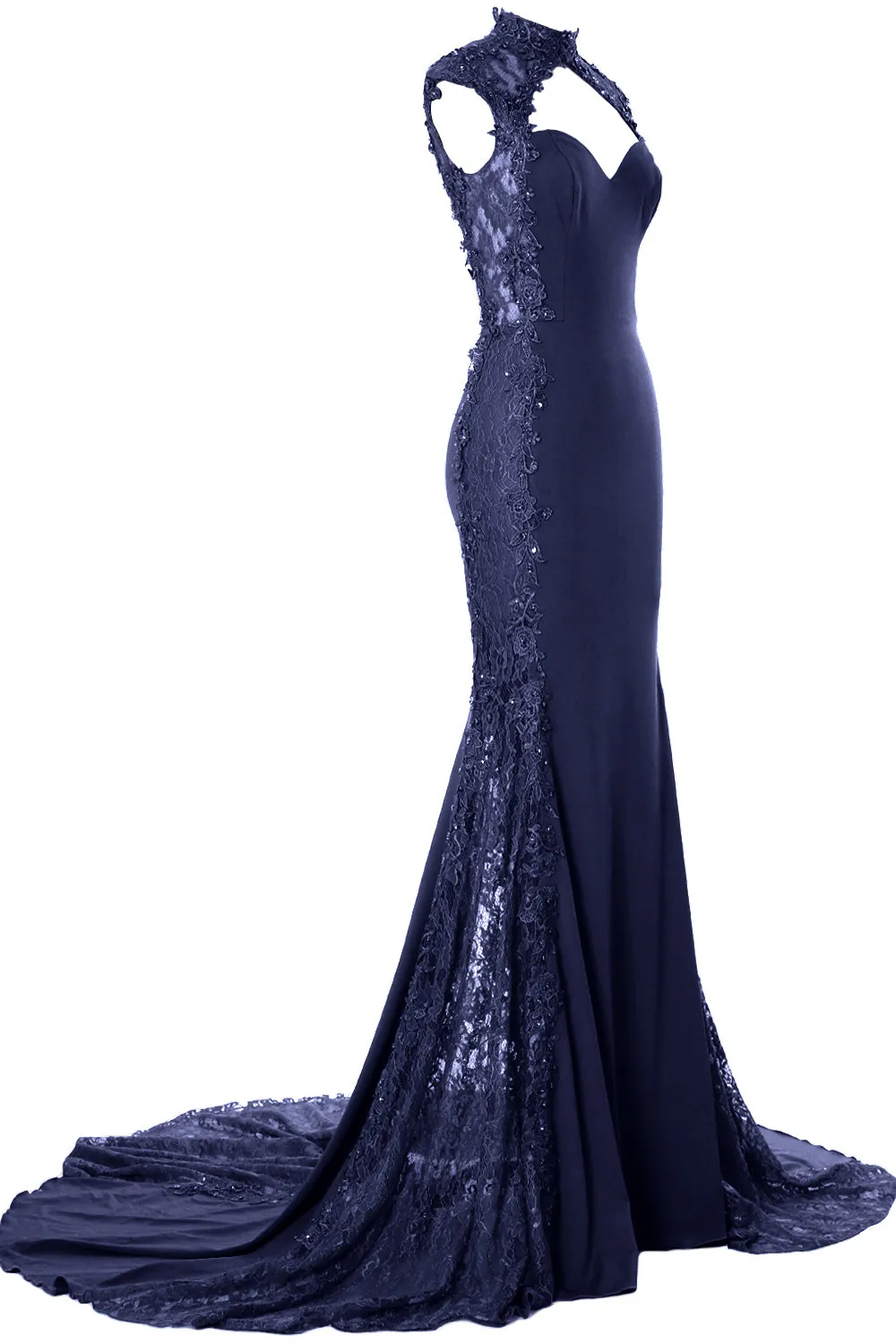 MACloth Women Prom Dresses Mermaid High Neck Sleeveless Lace Formal Evening Gown