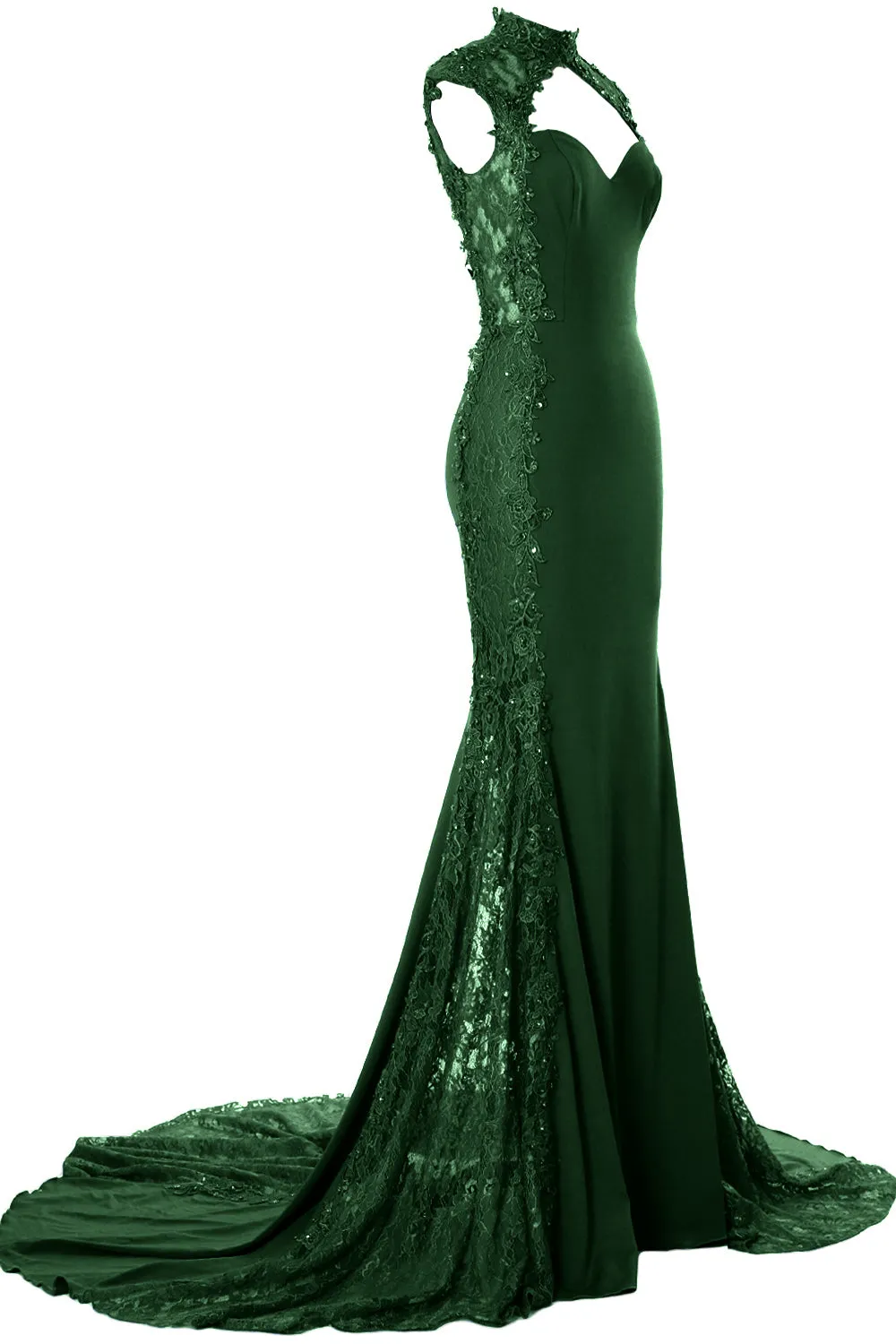 MACloth Women Prom Dresses Mermaid High Neck Sleeveless Lace Formal Evening Gown