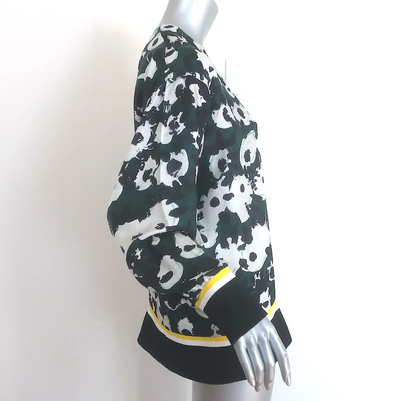 Marni Blouse Dark Green Abstract Floral Print Silk Twill Size 40 Long Sleeve Top
