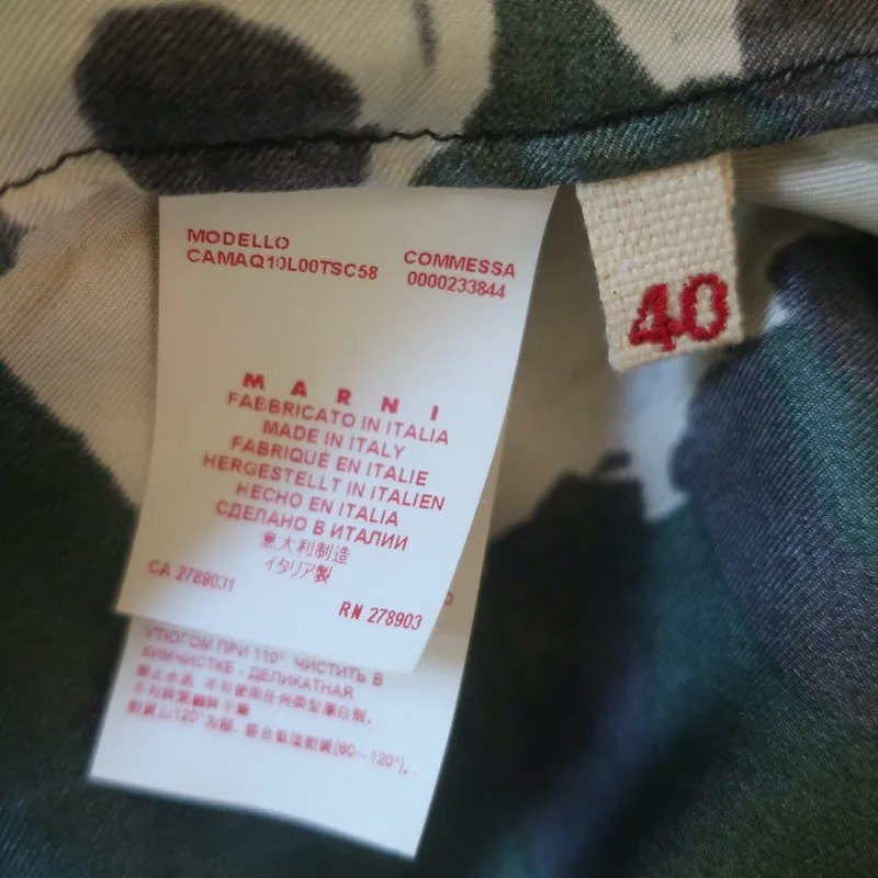 Marni Blouse Dark Green Abstract Floral Print Silk Twill Size 40 Long Sleeve Top