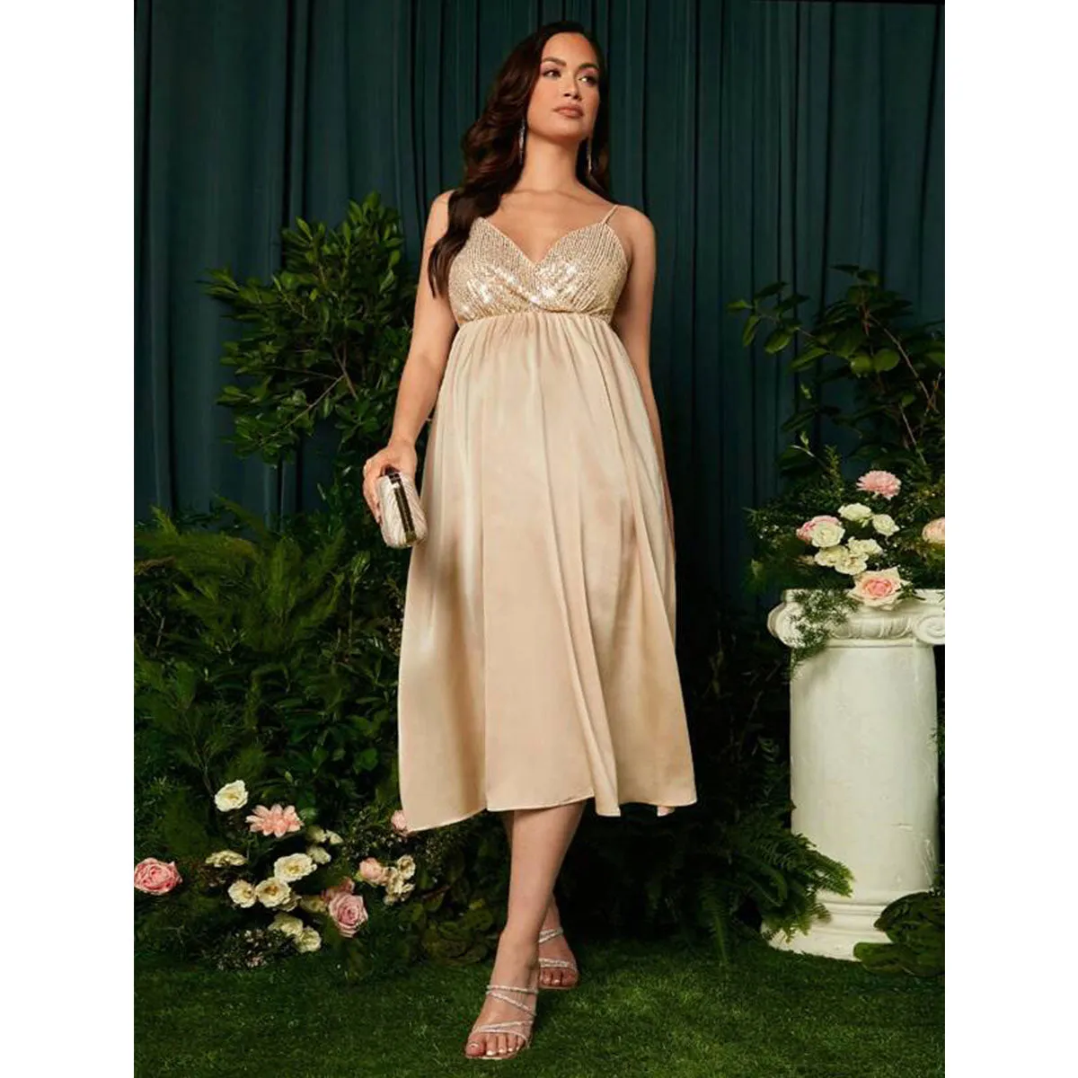 Maternity Solid Sequin Detail Cami Dress