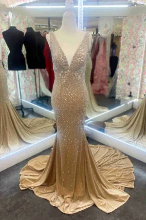 Mermaid Backless Gold V-Neck Beaded Long Prom Dress