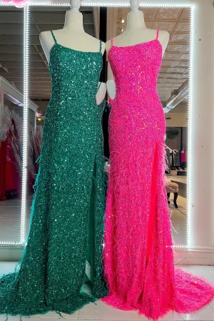 Mermaid Fitted Straps Feathers Long Prom Dress with Slit