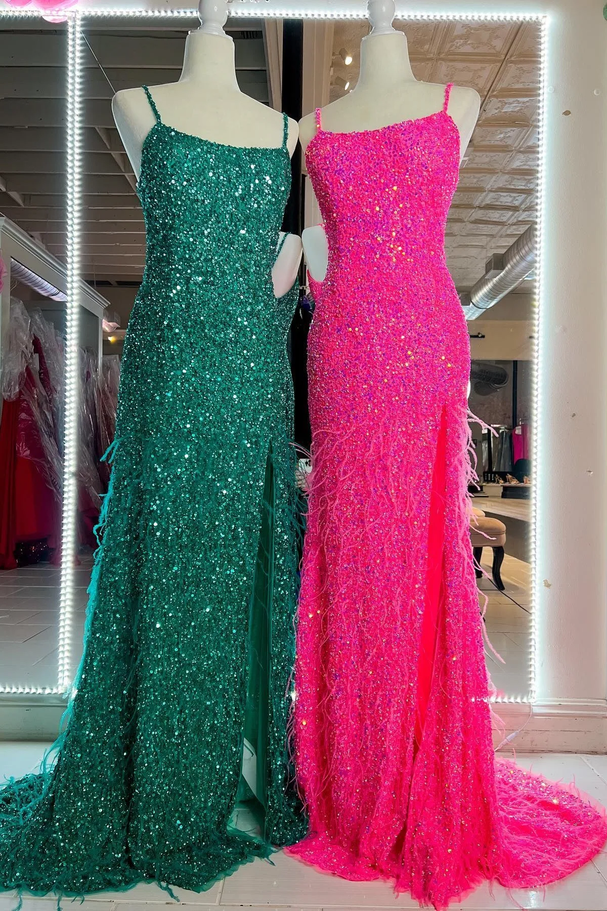Mermaid Fitted Straps Feathers Long Prom Dress with Slit