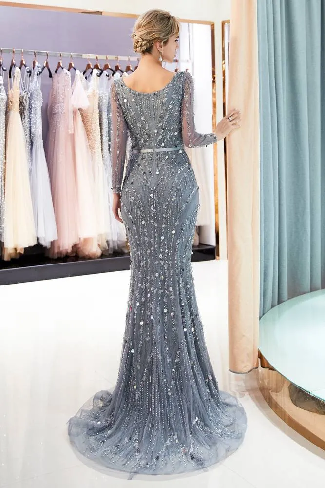 Mermaid Long Sleeves Grey Prom Evening Dress with Multi-Colored Sequins