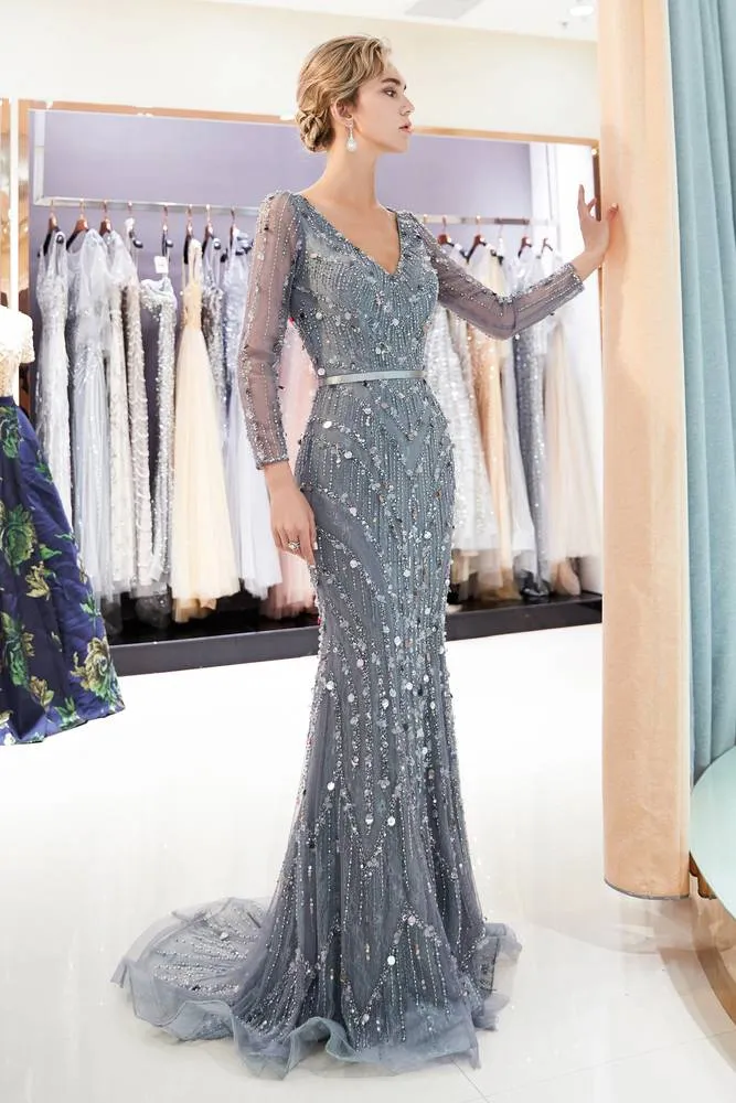 Mermaid Long Sleeves Grey Prom Evening Dress with Multi-Colored Sequins