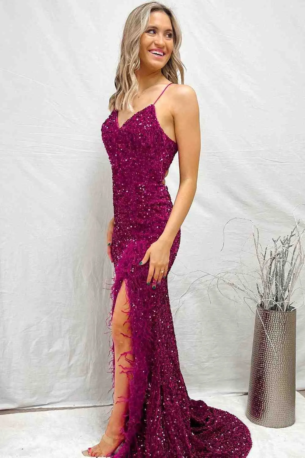 Mermaid Sequins Lace-Up Back Slit Long Prom Dress with Feathers