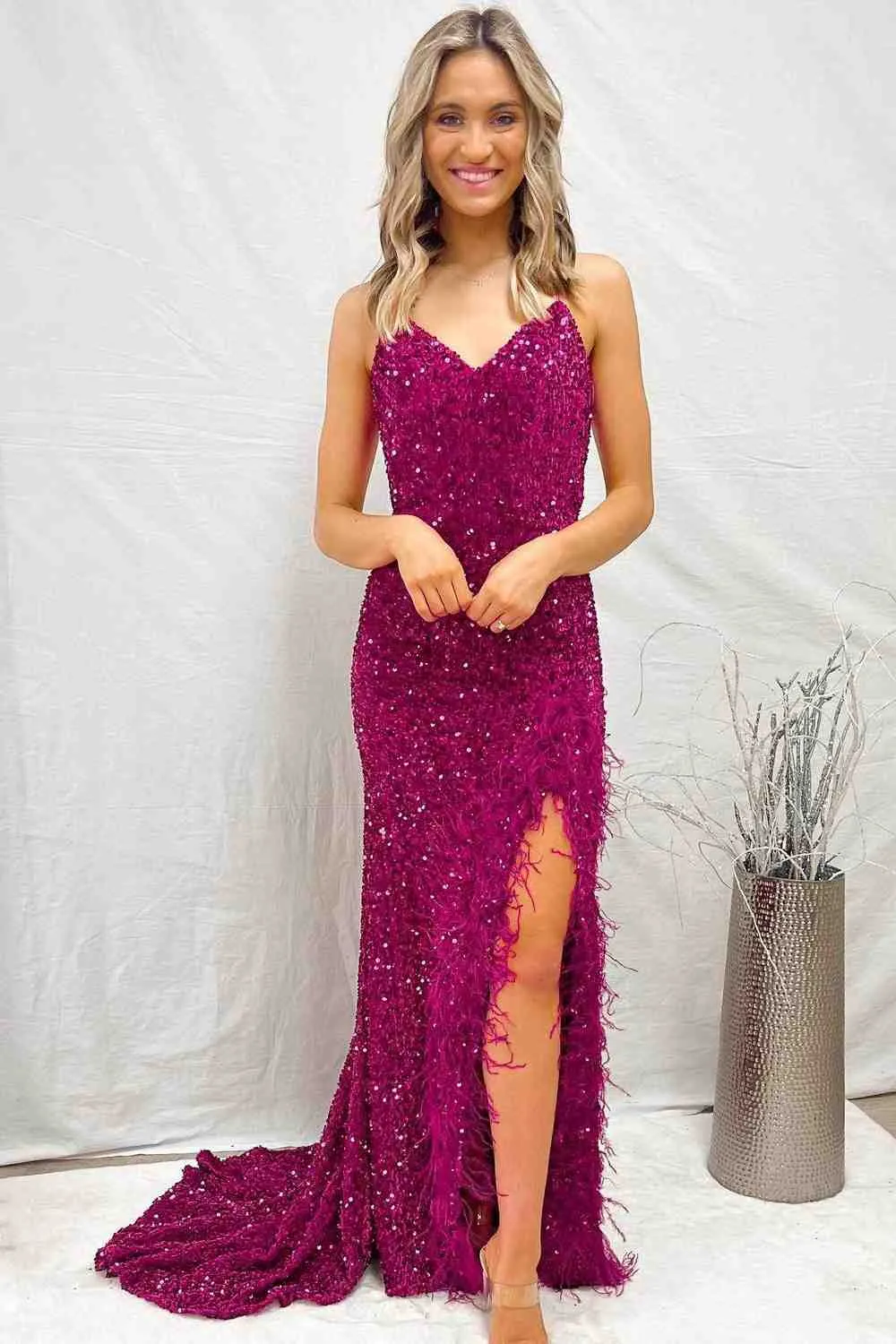 Mermaid Sequins Lace-Up Back Slit Long Prom Dress with Feathers