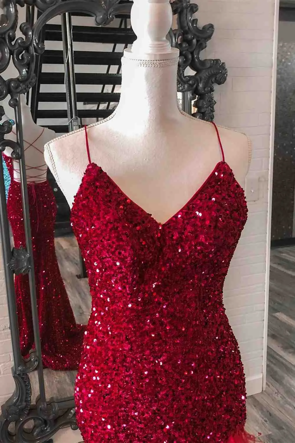 Mermaid Sequins Lace-Up Back Slit Long Prom Dress with Feathers