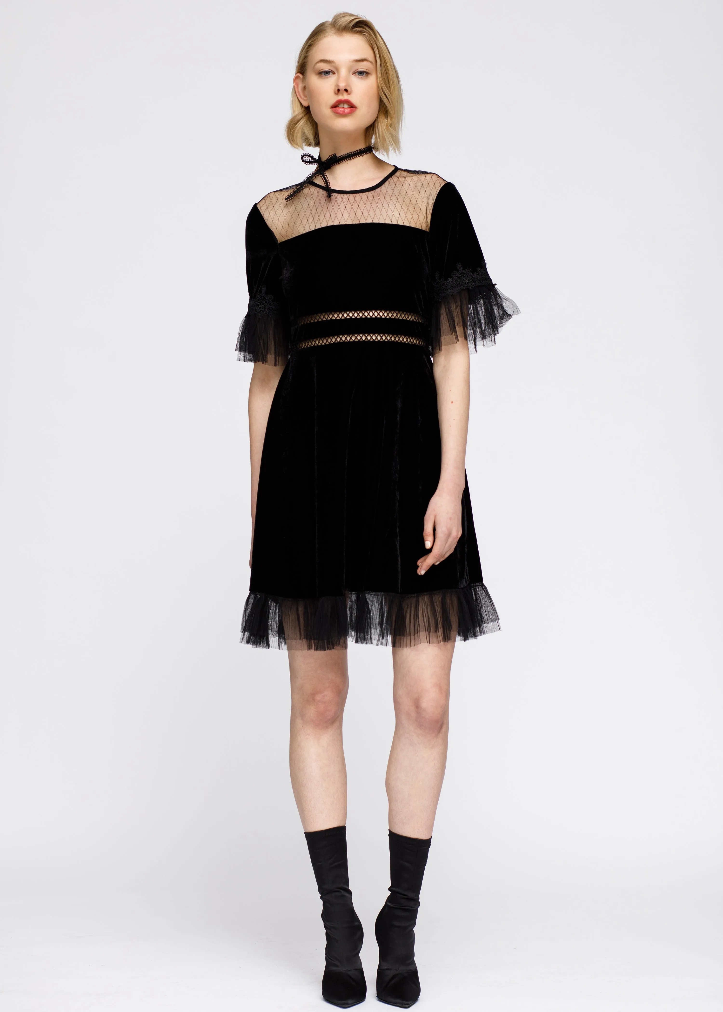 Mesh Contrast Velvet Dress In Black by Shop at Konus