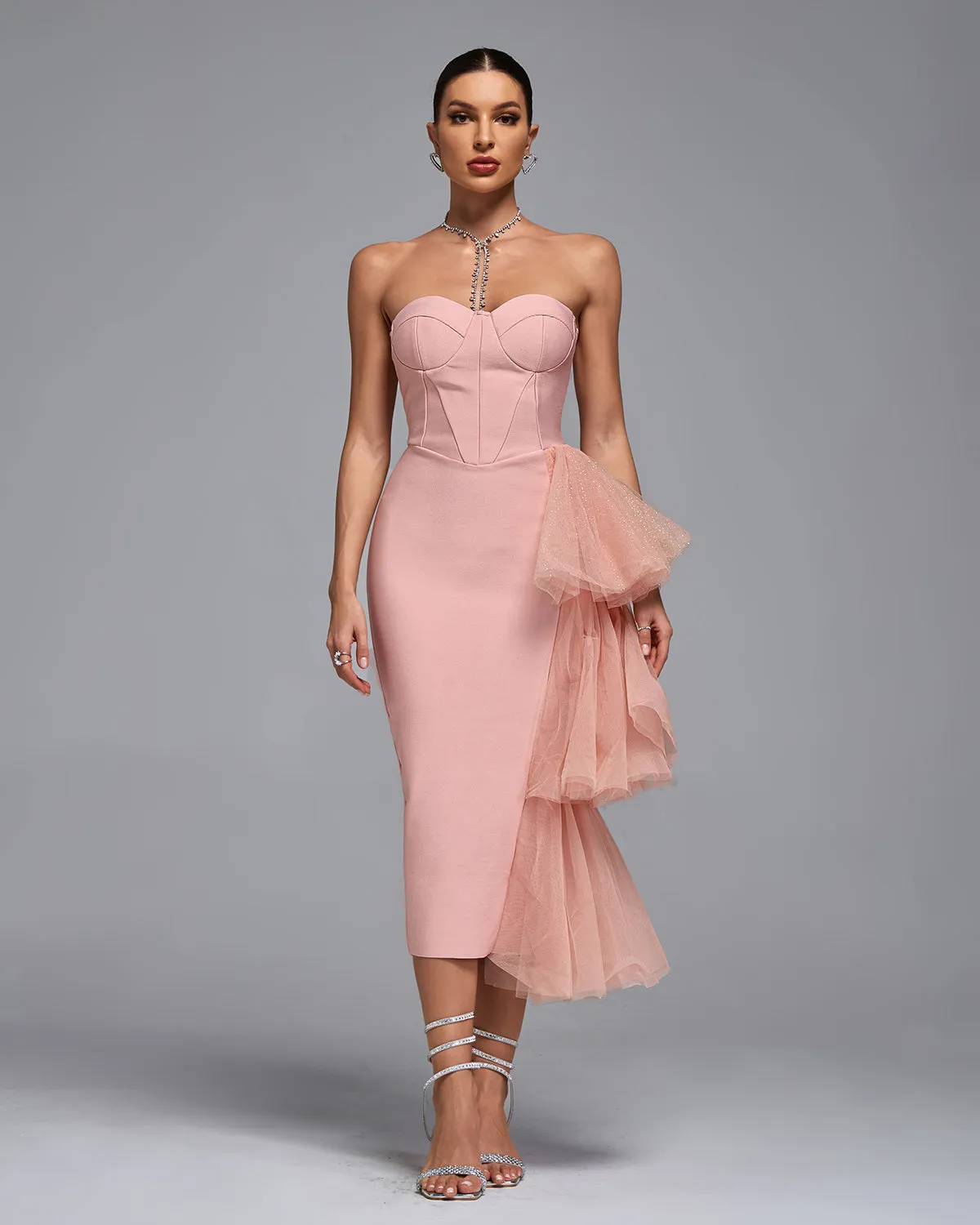 Mesh Layered Trim Draping Bandage Dress
