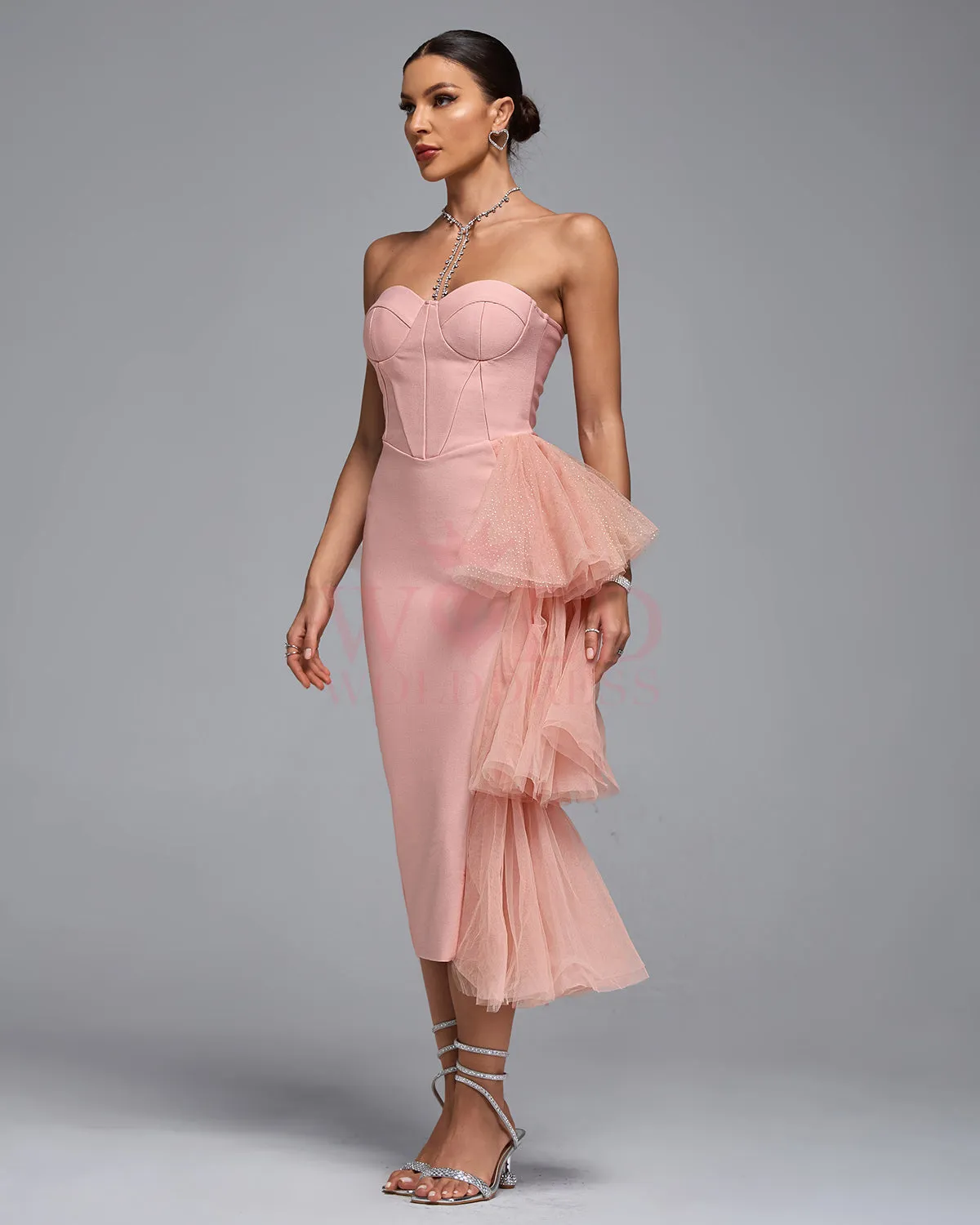 Mesh Layered Trim Draping Bandage Dress