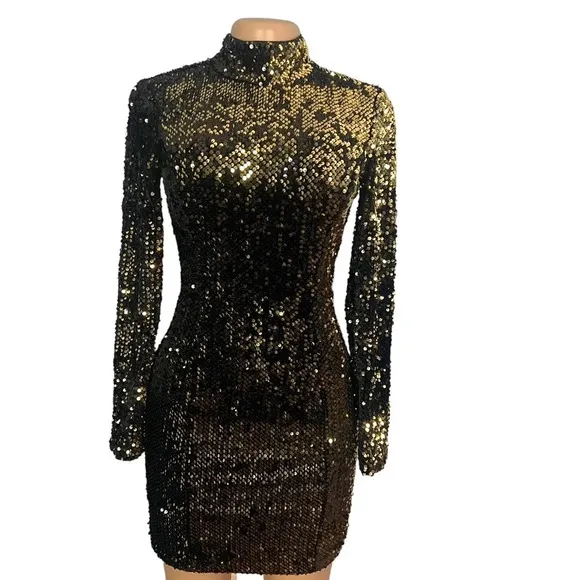 Milly Sequin Gold Turtleneck Mini Dress