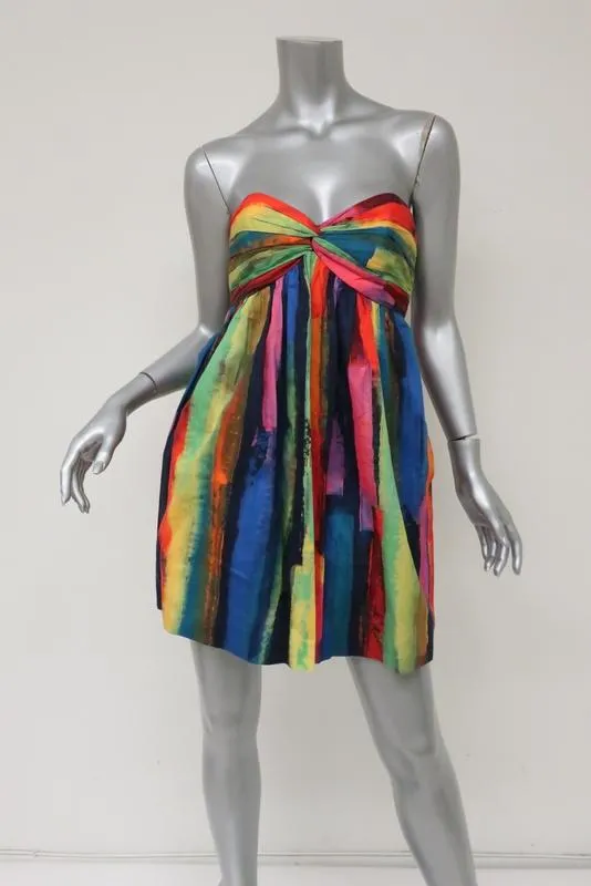 Milly Strapless Mini Dress Rainbow Watercolor Stripe Stretch Cotton Size 0