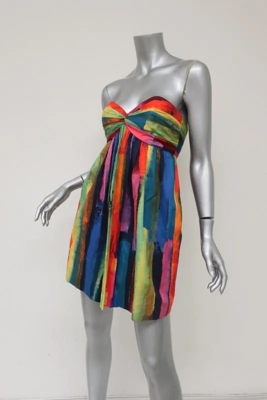 Milly Strapless Mini Dress Rainbow Watercolor Stripe Stretch Cotton Size 0