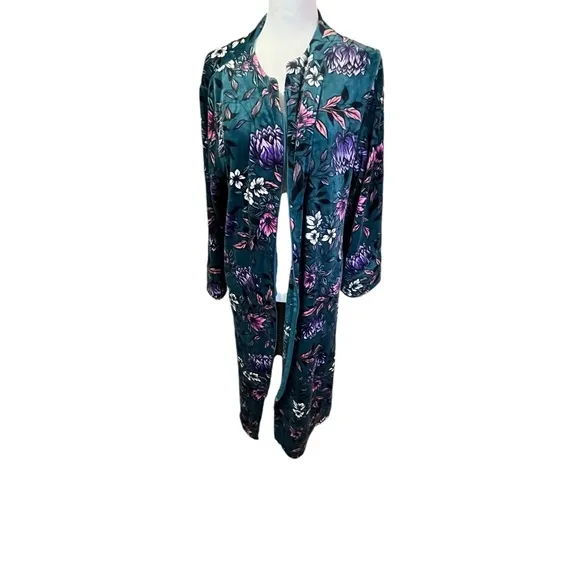 Miss Elaine, Boho Velvet Floral Vintage Style, Full-Length, Zip-up, Mom Robe