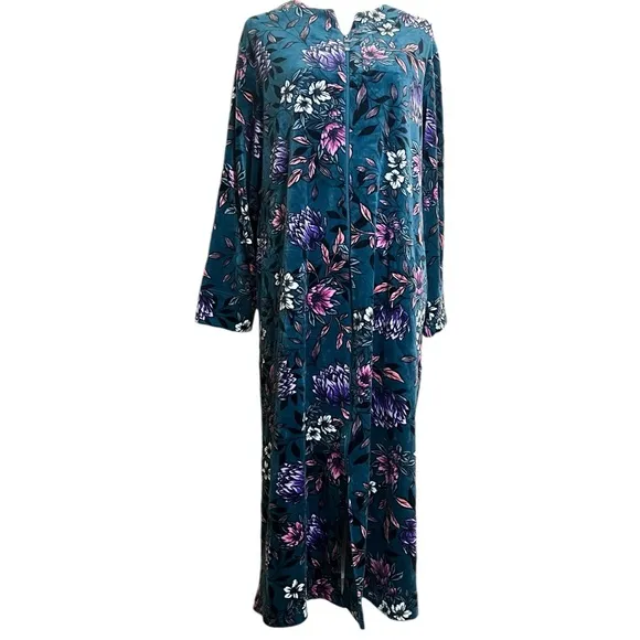 Miss Elaine, Boho Velvet Floral Vintage Style, Full-Length, Zip-up, Mom Robe