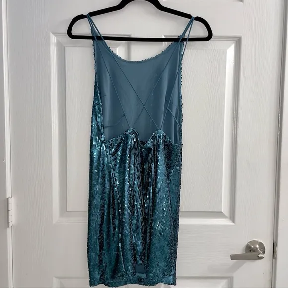 Motel Rocks Sequin Strappy Teal Mini Dress Size Large
