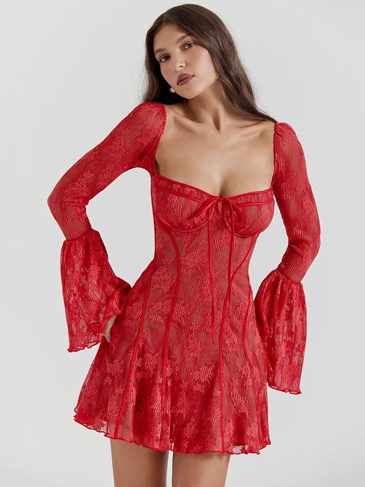 Mozision Elegant Backless Long Flare Sleeve Print Mini Dress