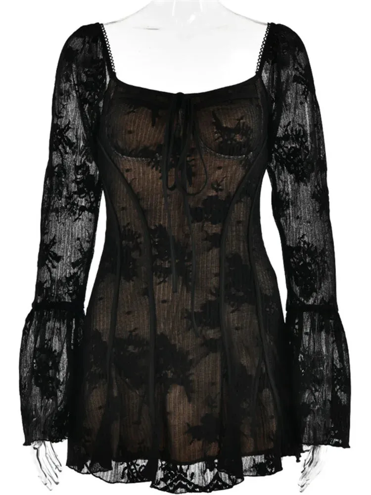 Mozision Elegant Backless Long Flare Sleeve Print Mini Dress
