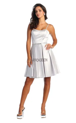 MQ 1865 - Short Satin Homecoming Dress with High Neck Silver Belt Spaghetti Straps & Side Pockets