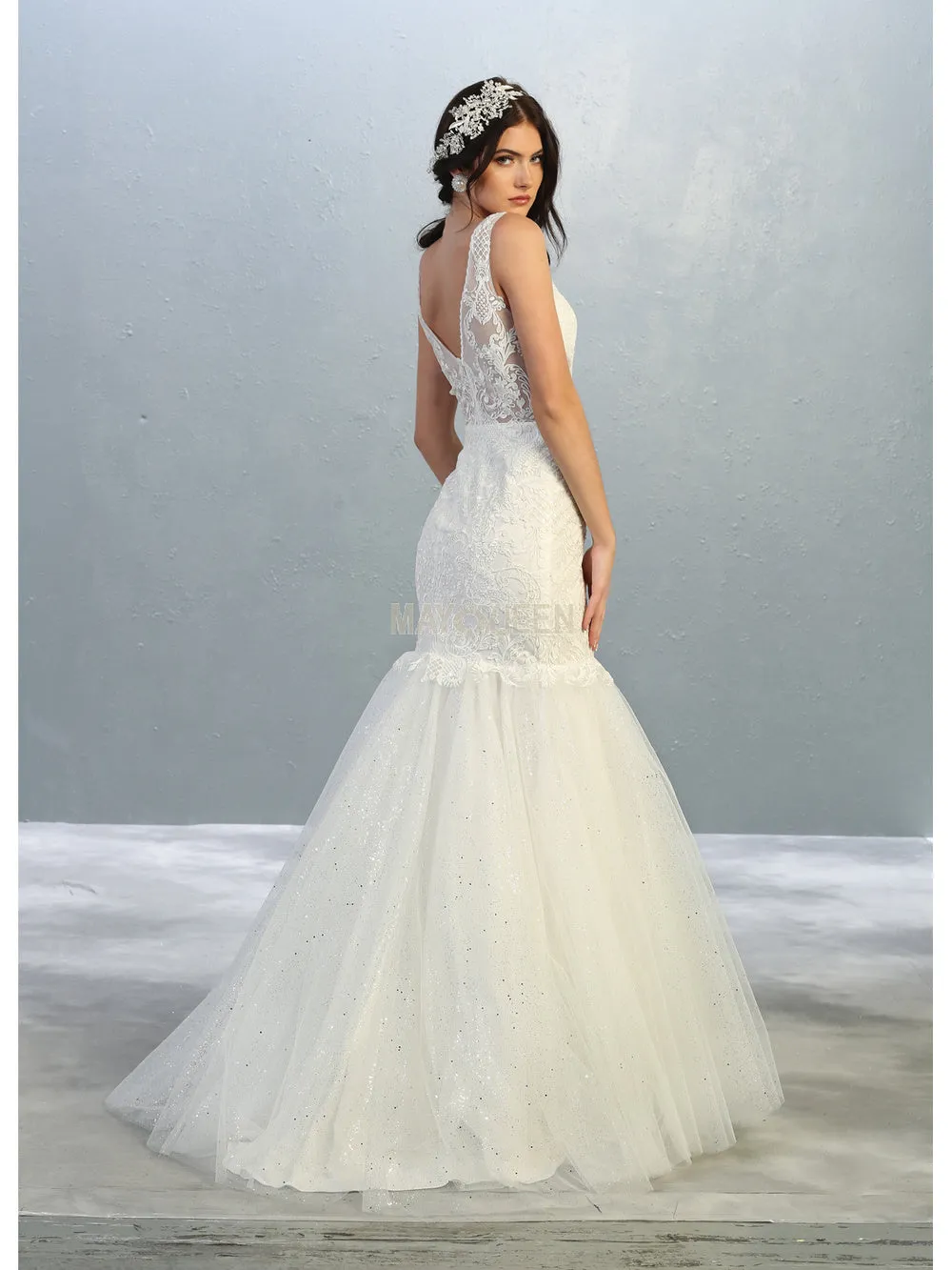 MQ 7849 W - Lace & Bead Embellished Mermaid Wedding Gown with Illusion Bodice V-Neck & Tulle Skirt