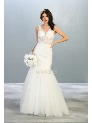 MQ 7849 W - Lace & Bead Embellished Mermaid Wedding Gown with Illusion Bodice V-Neck & Tulle Skirt