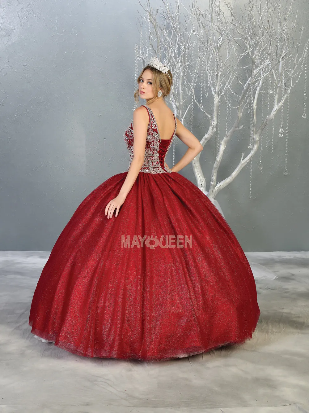 MQ LK143 - A Line Quinceanera Ball Gown with Bead Embellished V-Neck Bodice & Corset Back
