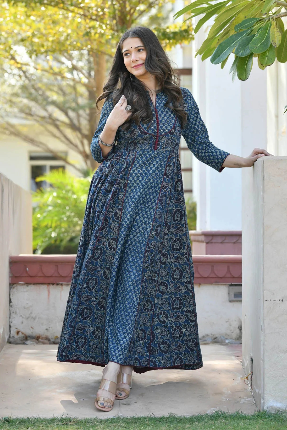 MULMUL JAGVI INDIGO BLOCK PRINTED FLARED DRESS