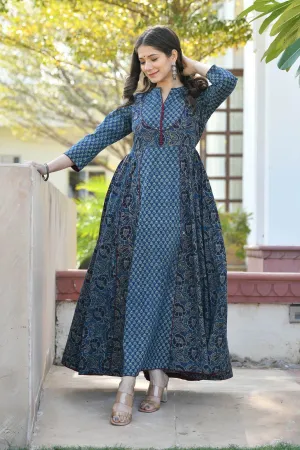 MULMUL JAGVI INDIGO BLOCK PRINTED FLARED DRESS