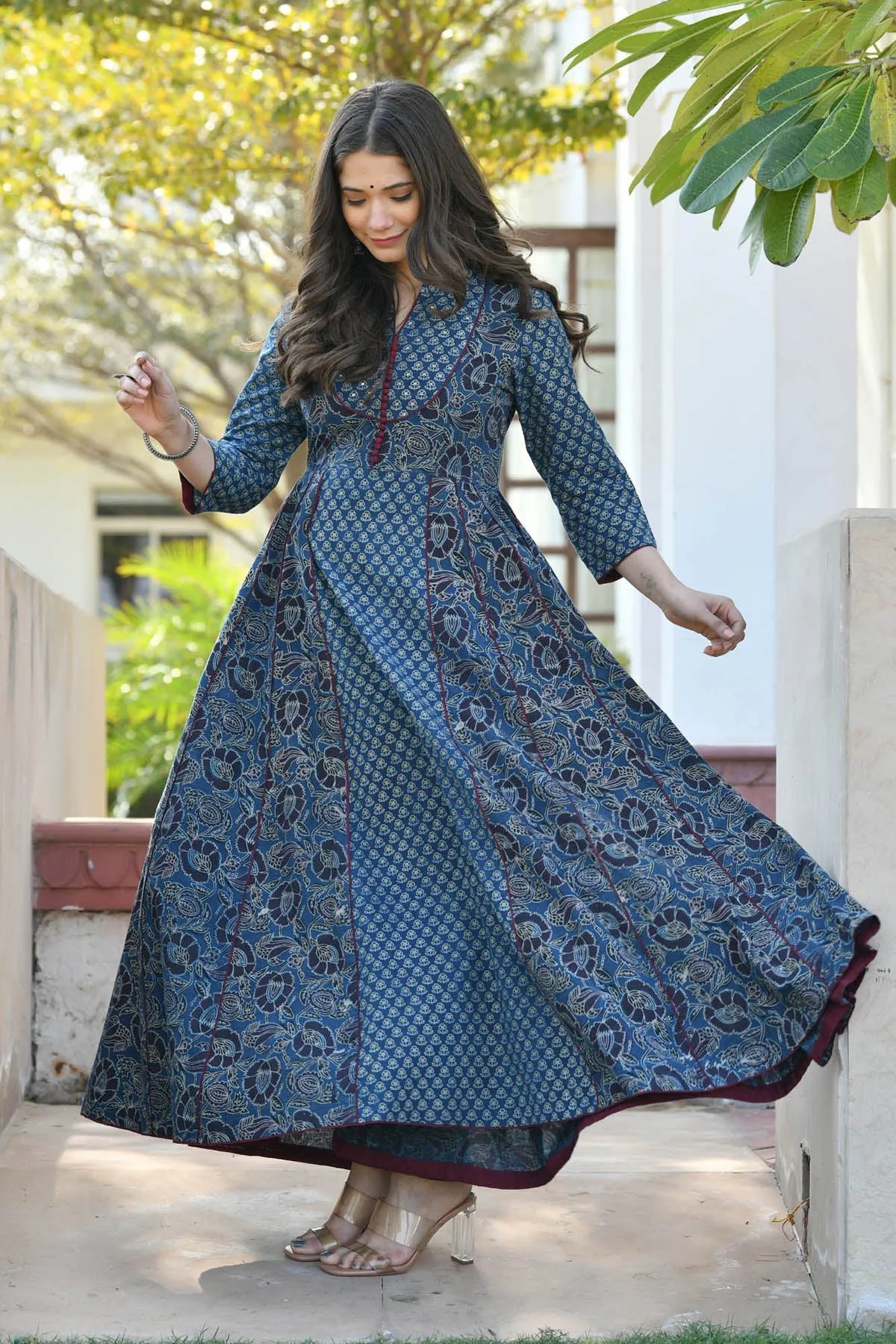 MULMUL JAGVI INDIGO BLOCK PRINTED FLARED DRESS