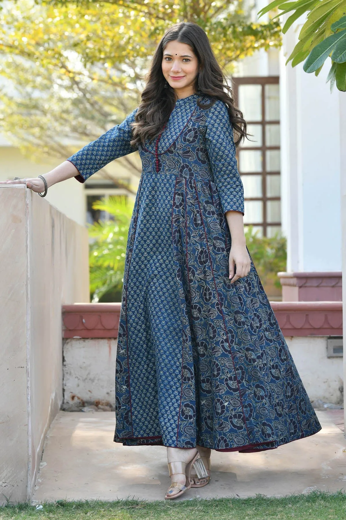 MULMUL JAGVI INDIGO BLOCK PRINTED FLARED DRESS