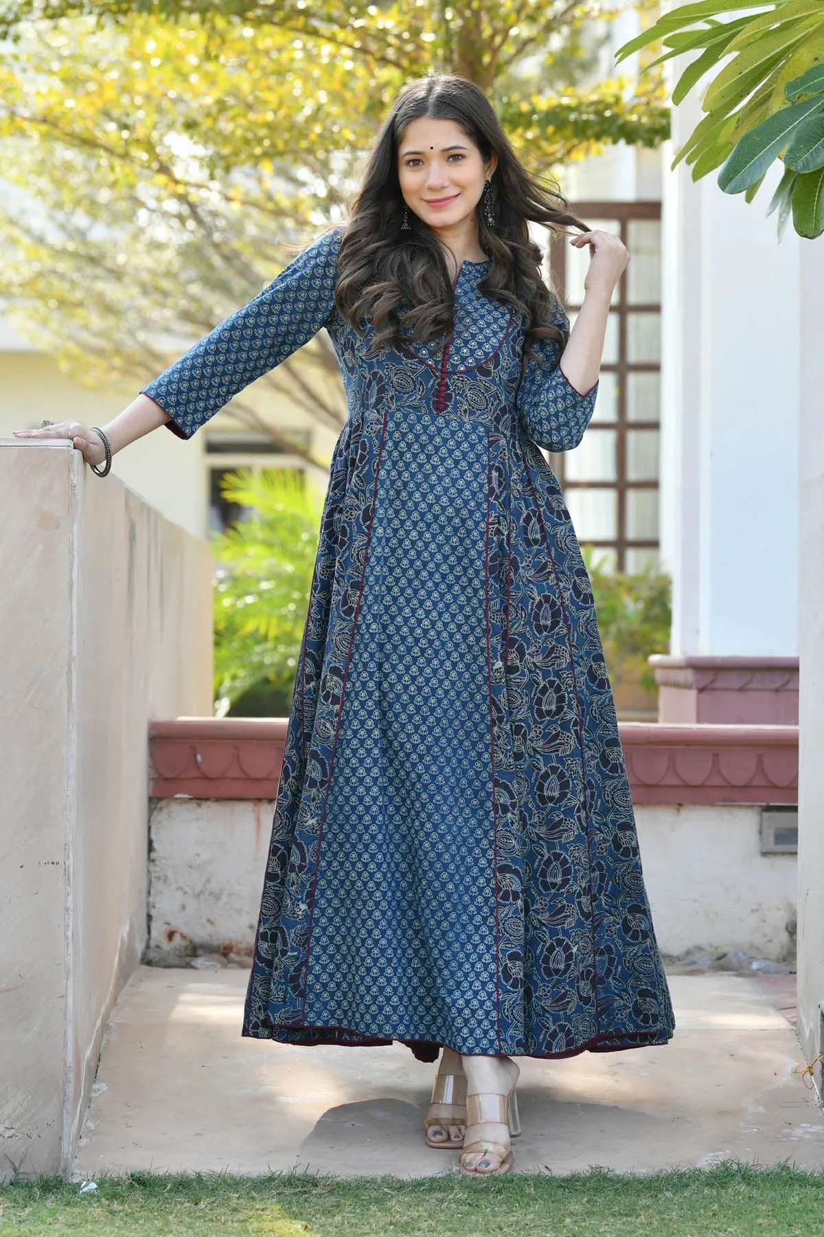 MULMUL JAGVI INDIGO BLOCK PRINTED FLARED DRESS